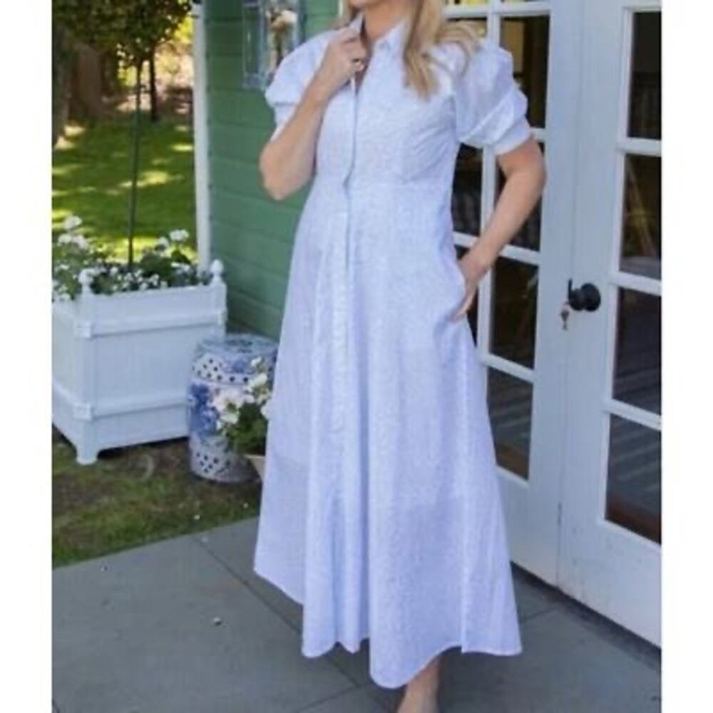 INDIA AMORY Julia SZ L White Blue Short Sleeve Shirt Dress Blue Print Flowy - Picture 2 of 8